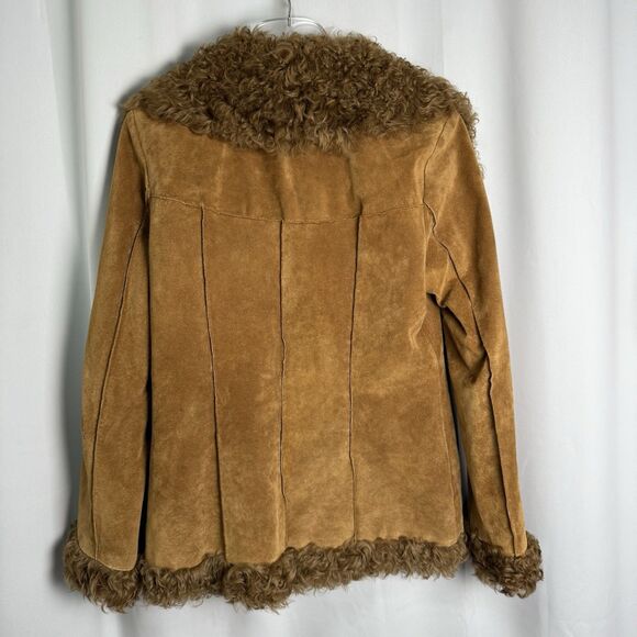 Express Vintage Y2K Dyed Lamb Trimmed Suede Jacket Tan Coat Sz Medium - Picture 6 of 10